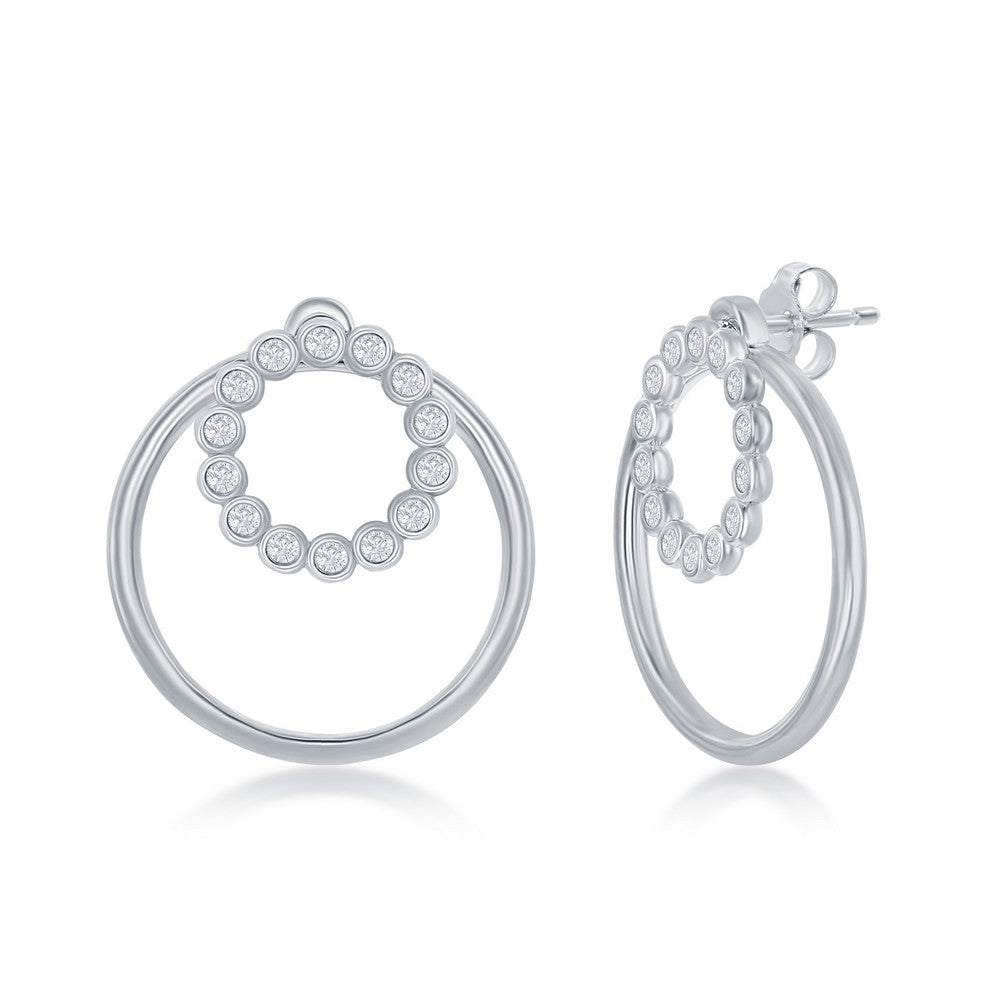 Sterling Silver Bezel Set CZ Circle And Plain Open Circle Earrings