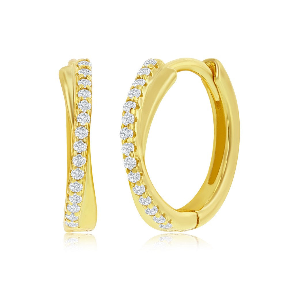 Sterling Silver GP "X" Design CZ Huggie Hoop Earrings