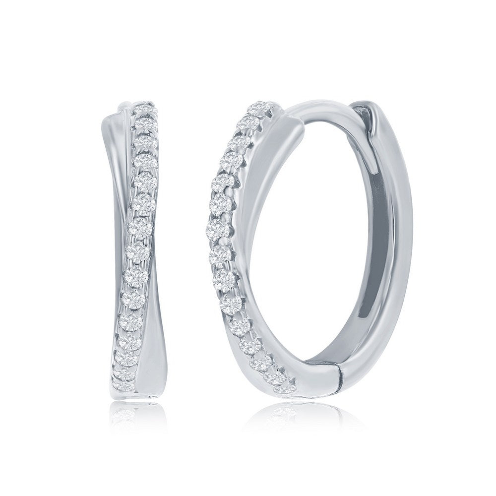 Sterling Silver "X" Design CZ Huggie Hoop Earrings
