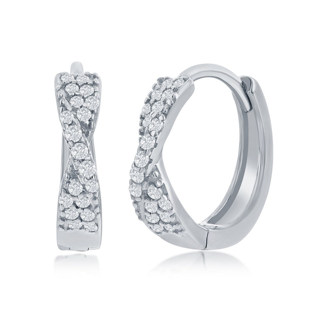 Sterling Silver Twisted CZ Huggie Hoop Earrings