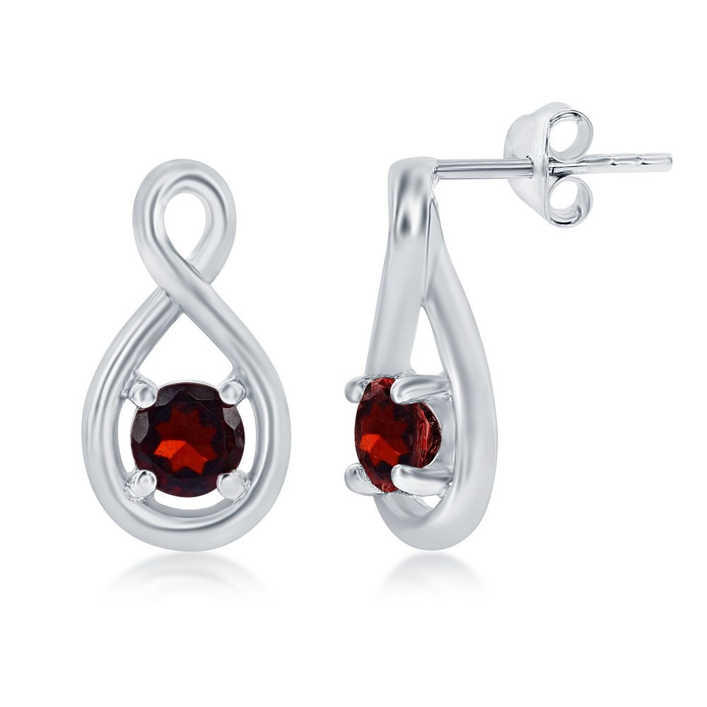 Sterling Silver Round Garnet Infinity Design Earrings