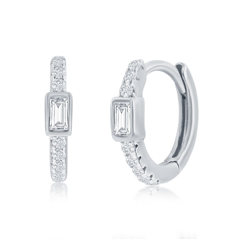 Sterling Silver Rectangle CZ Huggie Hoop Earrings