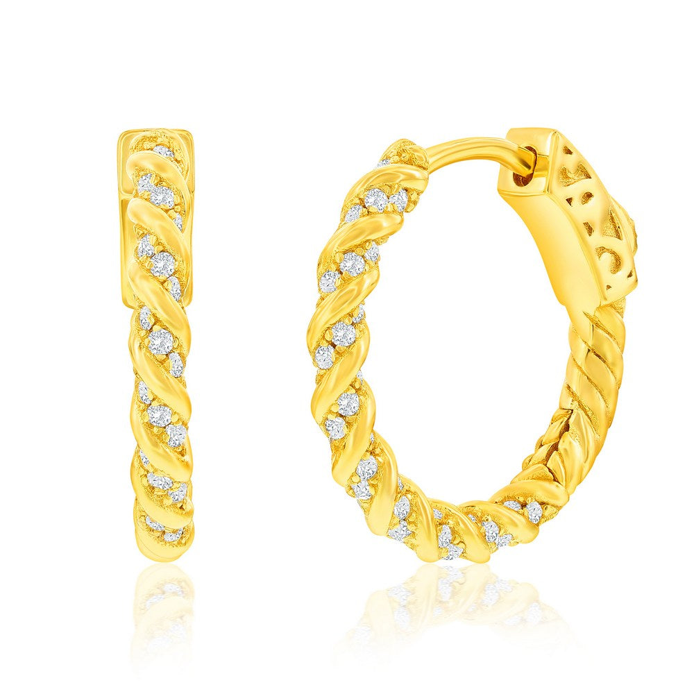 Sterling Silver GP Rope Design CZ Hoop Earrings