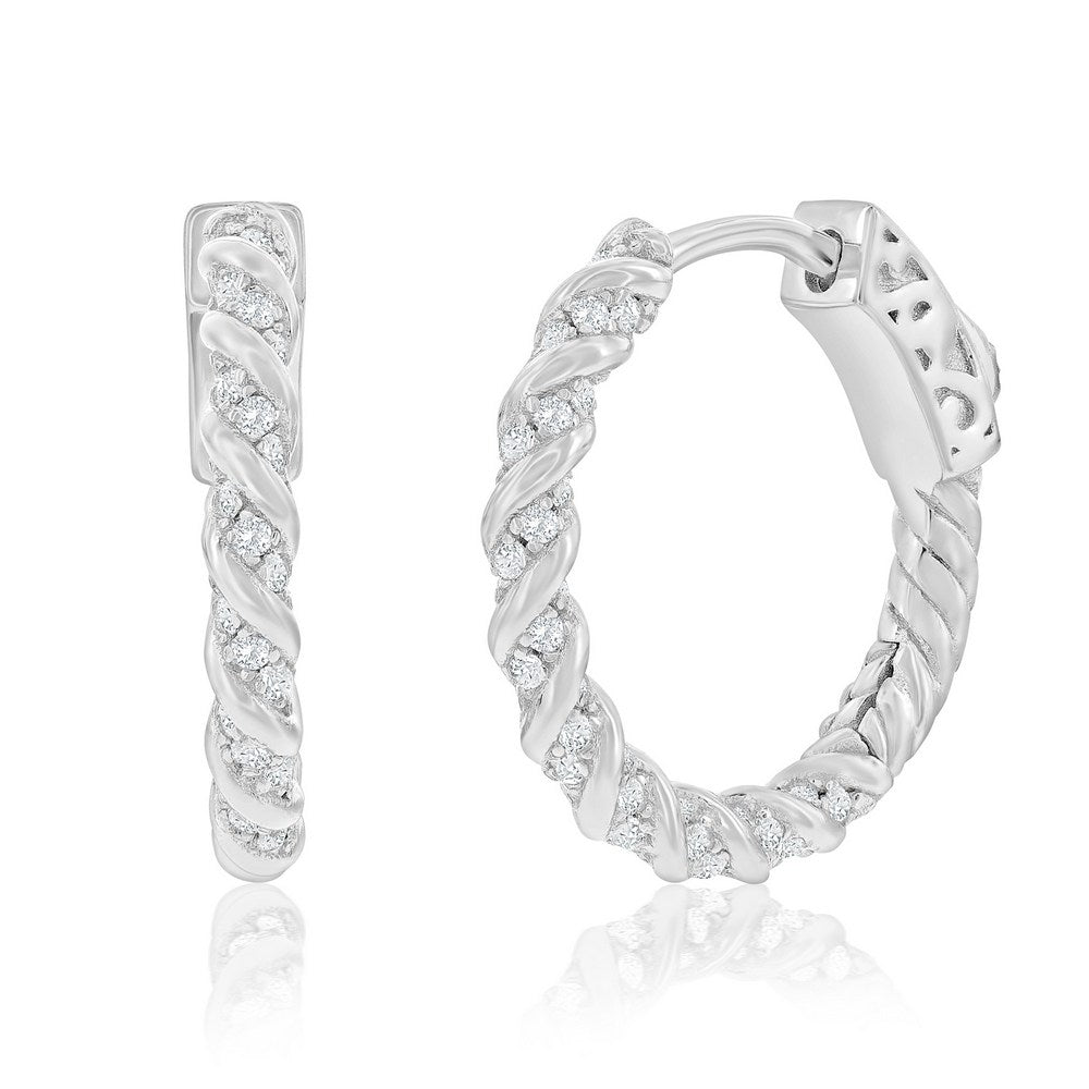 Sterling Silver Rope Design CZ Hoop Earrings