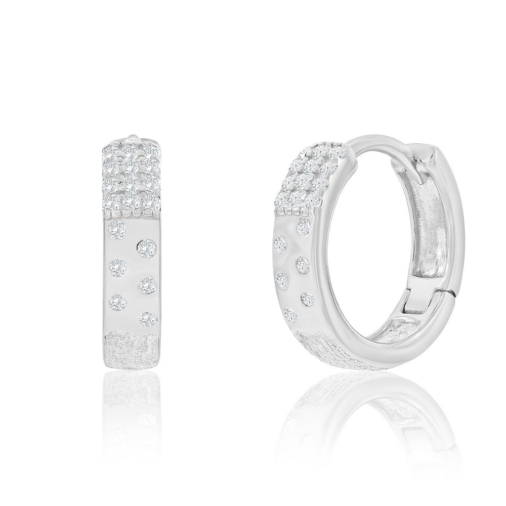 Sterling Silver CZ And Brushed Hoop Earrings