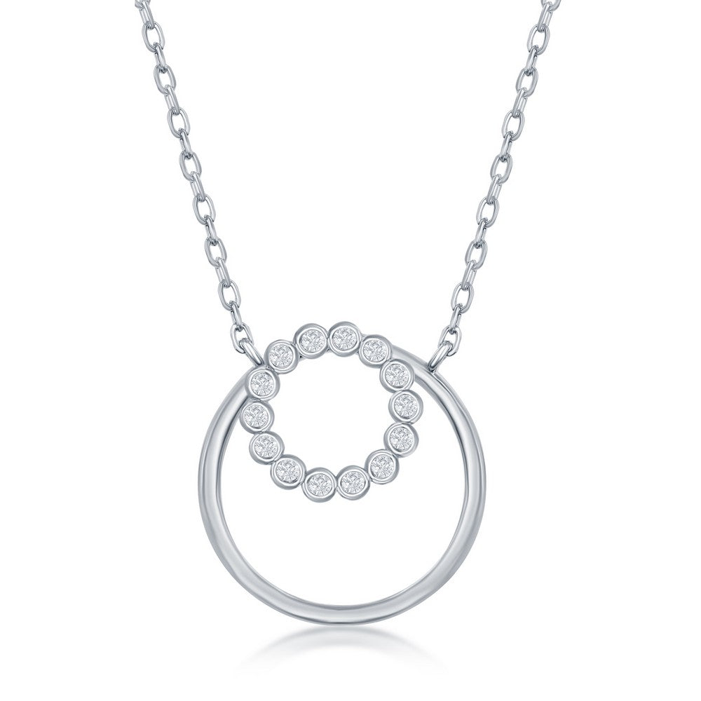 Sterling Silver Bezel Set CZ Circle With Plain Open Circle Necklace
