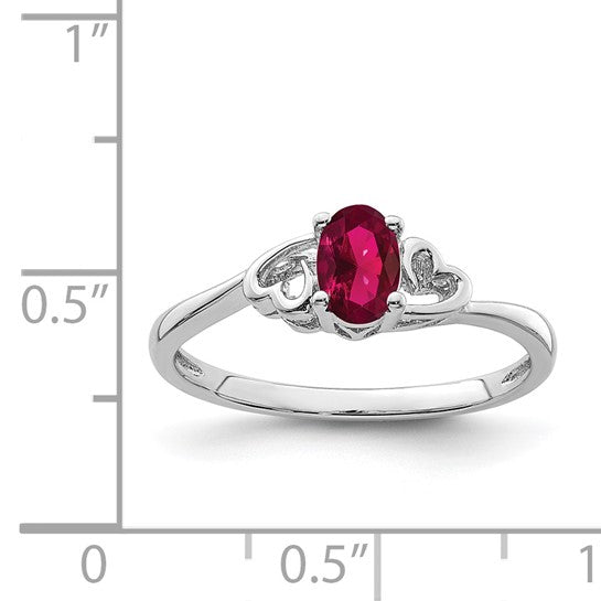 Sterling Silver Created Ruby Oval Stone Heart Ring