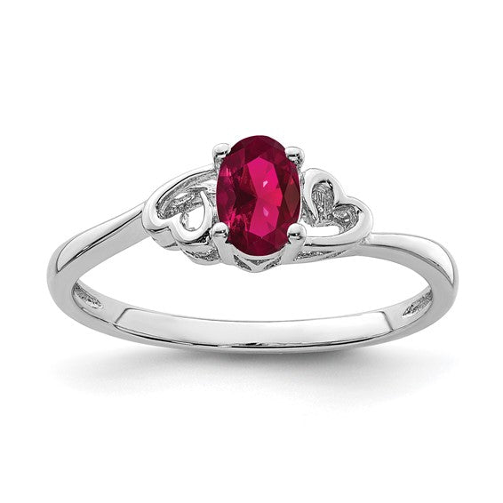 Sterling Silver Created Ruby Oval Stone Heart Ring