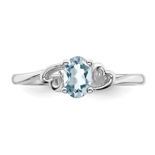 Sterling Silver Genuine Aquamarine Oval Stone Heart Ring