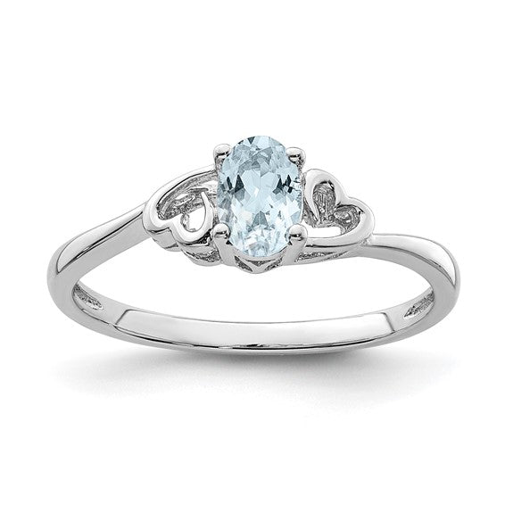 Sterling Silver Genuine Aquamarine Oval Stone Heart Ring