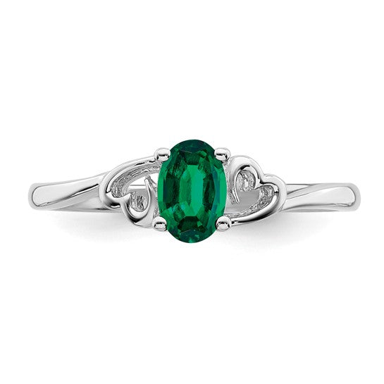 Sterling Silver Created Emerald Oval Stone Heart Ring