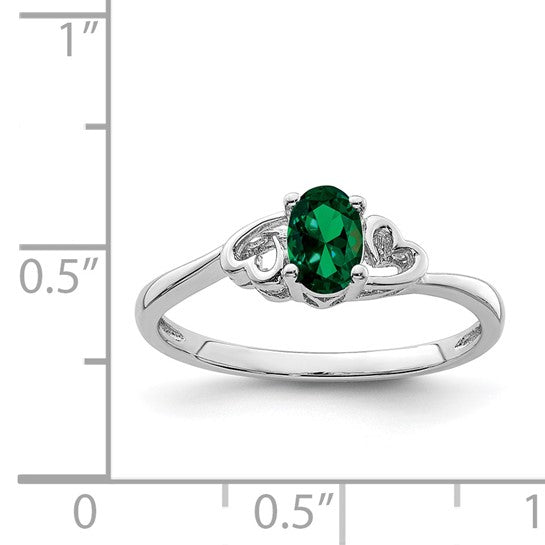 Sterling Silver Created Emerald Oval Stone Heart Ring