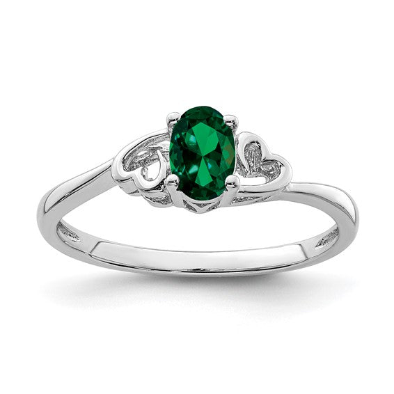 Sterling Silver Created Emerald Oval Stone Heart Ring