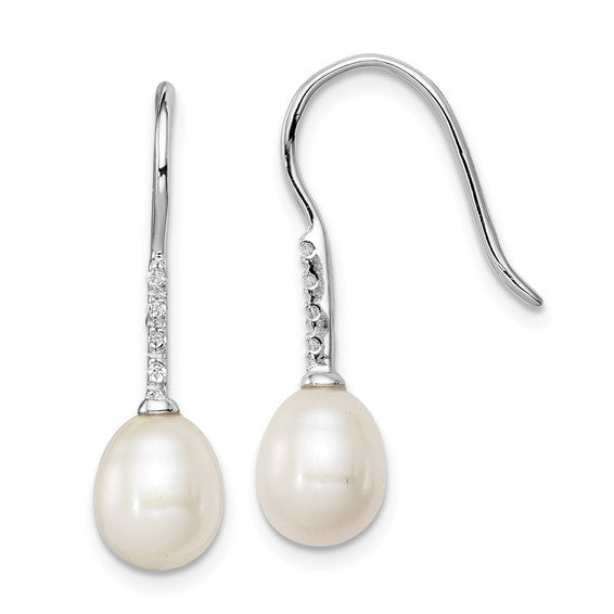 Sterling Silver White Teardrop FW Cultured Pearl And CZ Dangle Earrings