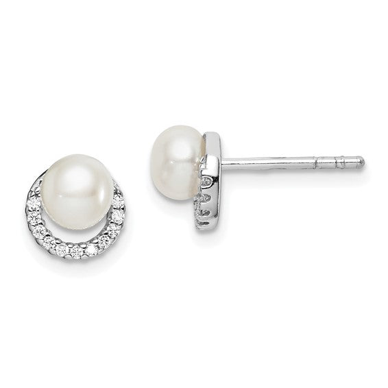 Sterling Silver FW Cultured Pearl CZ Post Earrings