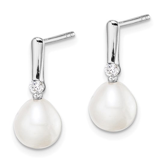 Sterling Silver White FW Cultured Pearl And CZ Dangle Earrings