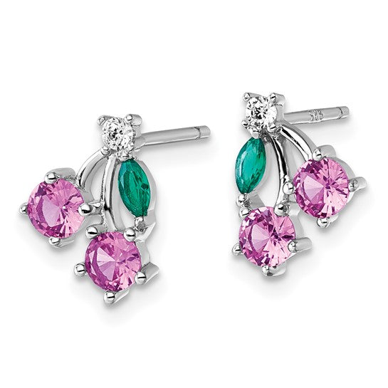 Sterling Silver CZ And Lab Created Corundum Cherry Earrings
