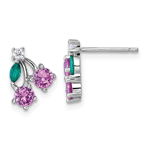 Sterling Silver CZ And Lab Created Corundum Cherry Earrings
