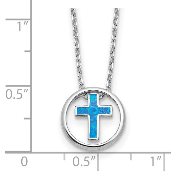 Sterling Silver Created Opal Cross Necklace