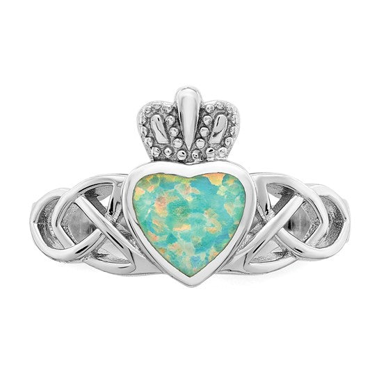 Sterling Silver Created Opal Claddagh Ring