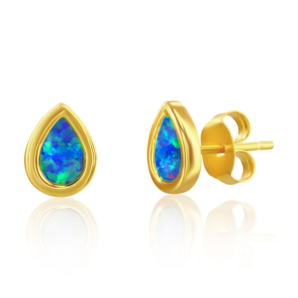 Sterling Silver GP Pear Shape Created Opal Earrings