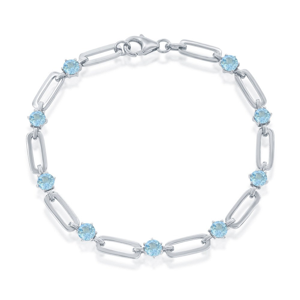 Sterling Silver Round Paperclip Bracelet - Blue Topaz