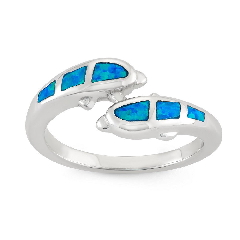 Sterling Silver Created Opal Dolphin Ring